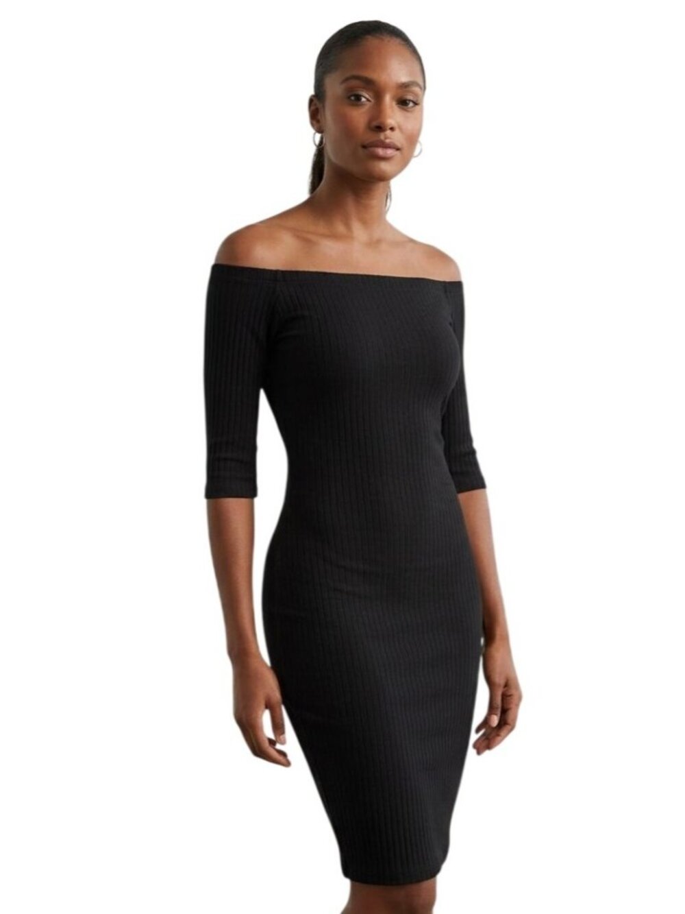 One Clothing Bodycon Dress Small Off The Shoulder Ribbed Knit 3/4 Sleeve Stretch